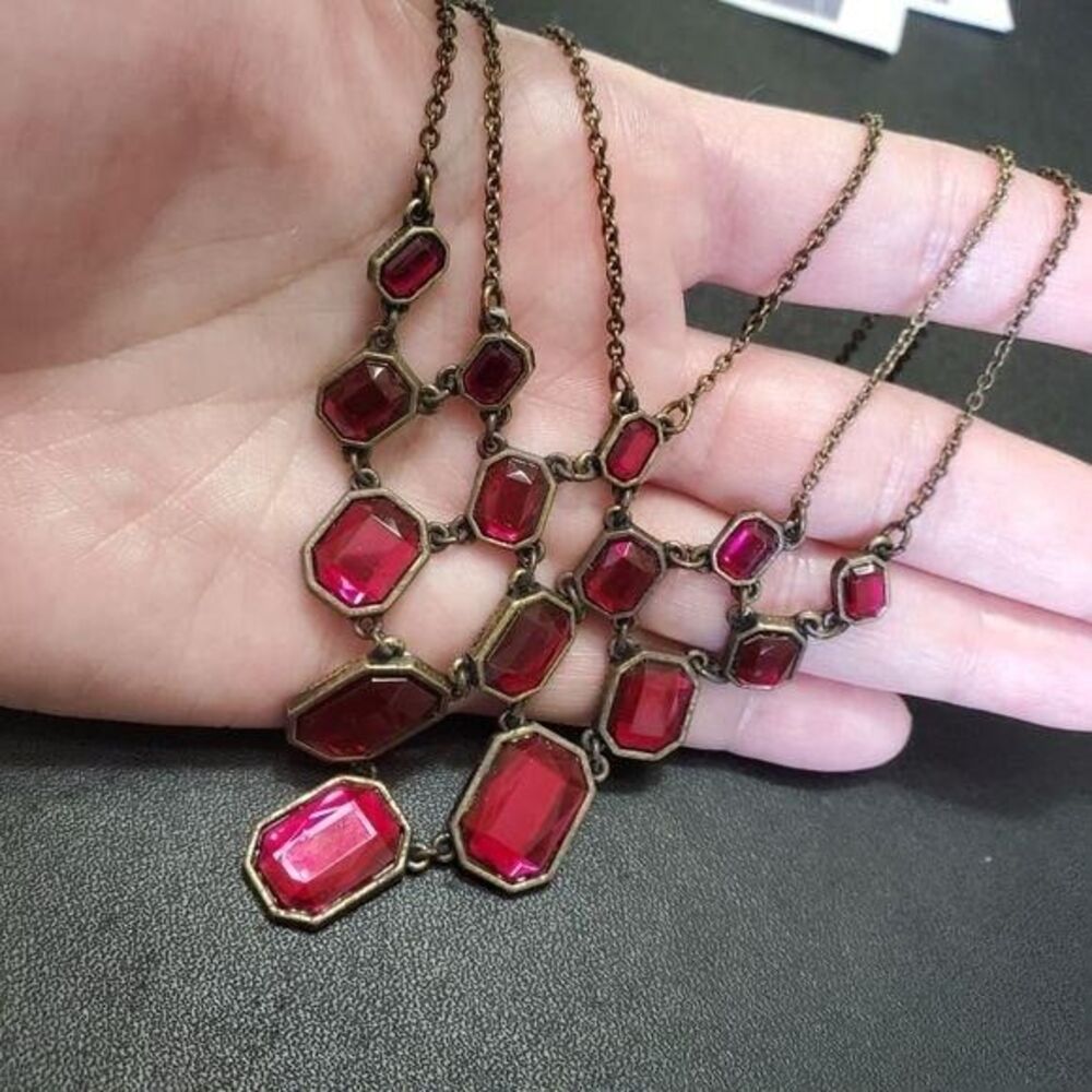 Avon Gold Tone Triple Strand Necklace Earring Set Red Rhinestone IOB